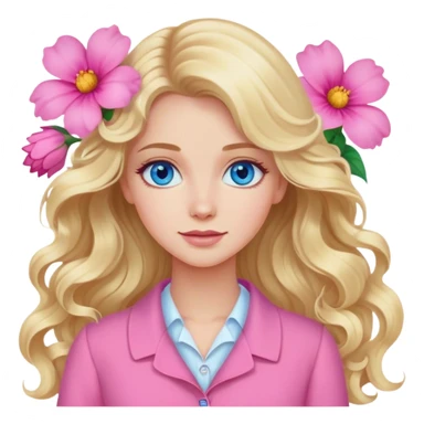 Blonde blue eyed women with long wavy hair pink flower background pink clothing sticker