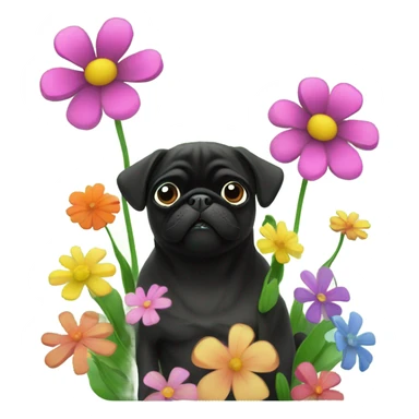 Black pug , surrounded by flowers, holding a green sign that says “good luck”  sticker