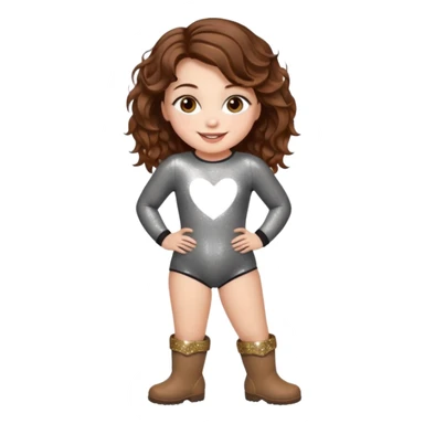 a beautiful girl with wavy volumes brown hazel hair, she has brown eyes and her face is unique, show her entire body she has big boobs and is so curvy make her wear  a body suit with uggs with a big smile and her eyes sparkly and all cute sticker