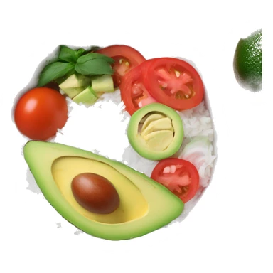 a big bowl with white rice, tomatoes, green sliced paprika, sliced avocado and pink joghurt sticker