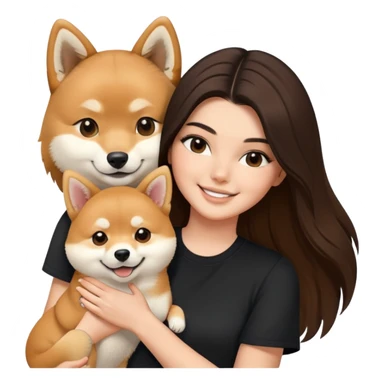 brunette Kendall Jenner with long hair holding on the hands a smile Shiba Inu wear on black shirt sticker