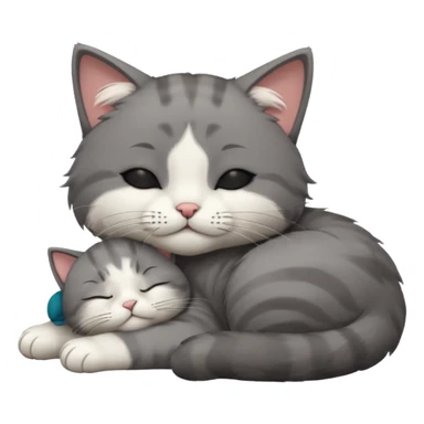 dark grey and white small cat with closed eyes, leaning his head on his paw while leaning on his elbow lying down sticker