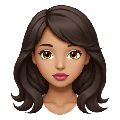 beautiful girl with black wavy long hair and side-swept bangs, tan skin, rose-coloured lips and hazel eyes who looks like a model sticker