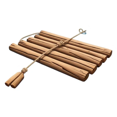 showing a simple wooden raft floating on calm blue water — made of several brown logs tied together with rope — gentle ripples around it — bright, cheerful lighting and soft shadows — minimalist, clean emoji design sticker