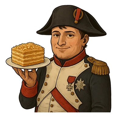 Используя похожую стилистику, слегка мультяшную, но при этом реалистичную - сгенерируй Наполеона, который довольно держит на тарелке торт наполеон, как бы демонстрируя его зрителю sticker