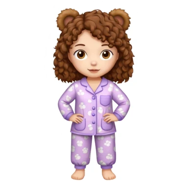 Woman with brown eyes, brown curly hair, white skin, full body in cute pijama bear sticker