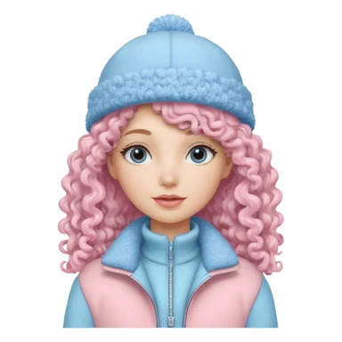 Curly long hair lady with pastel pink jacket and pastel blue winter hat sticker