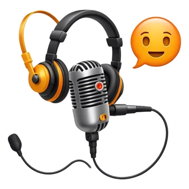 Create a dynamic and creative emoji that represents voiceover and dubbing. The design should feature a microphone, a pair of studio headphones, and sound waveforms to symbolize the recording and manipulation of voice. Add subtle details like a film reel or a speech bubble to represent the dubbing aspect. Use vibrant colors like orange, red, or purple to evoke energy and creativity in voiceover work. The background should be transparent. sticker