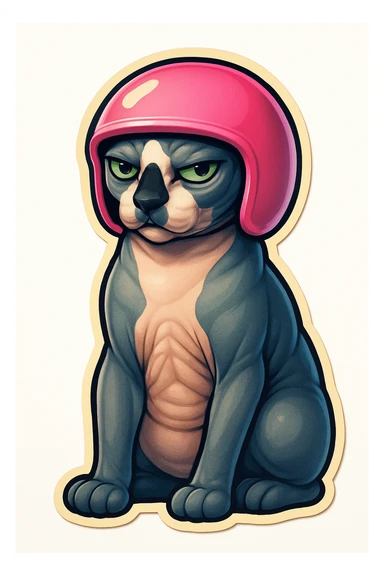 Canadian Sphynx cat with coloring as in the photo, sticker style, with a white background, with a pink helmet sticker