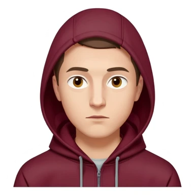 young European male with short buzzcut brown hair, smooth skin, wearing a maroon hoodie with the hood up, oval-shaped face, defined jawline, high cheekbones, sharp focused eyes under straight prominent eyebrows, calm neutral expression sticker