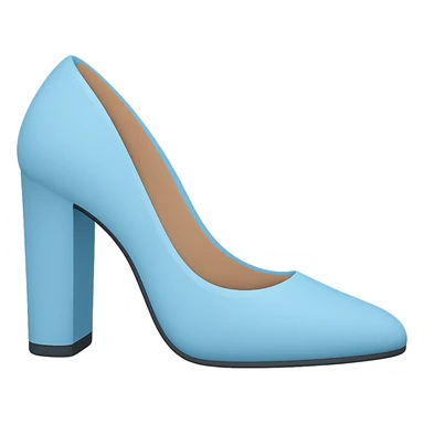 Edit the image to depict a light blue shoe with a slightly flatter and very thick heel in the style of Apple emojis. The background should be transparent. sticker