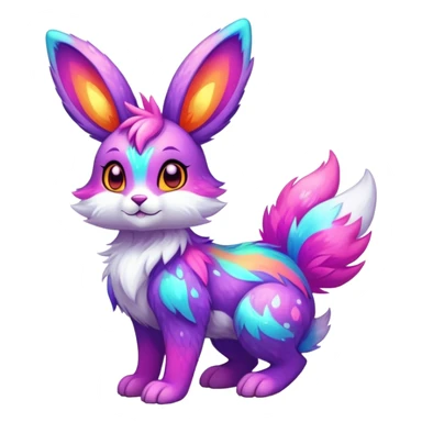 Vibrant multicolored neon-colored Falvie-Fionbri-creature-sparkle-bunny-hybrid-fursona, full body, fur pattern-markings sticker