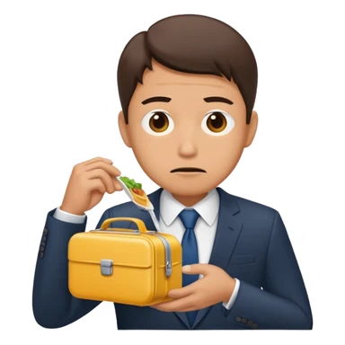 a hungry salaryman in a suit looking at an empty lunchbox sticker