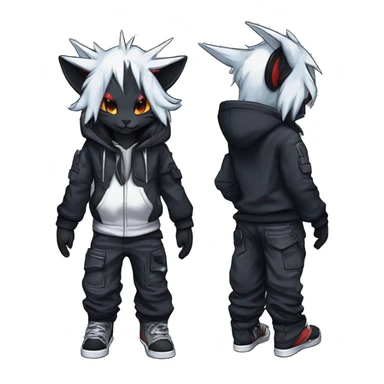 Cool Dark Anthro Chibi Absol-Noivern-Litten-Lynx-Pokémon with edgy stripes hoodie spiked collar punk techwear Cargo Pants Full Body sticker