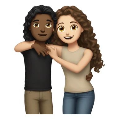 Make a white girl with black long and straight hair hugging a tan boy with brown curly hair sticker