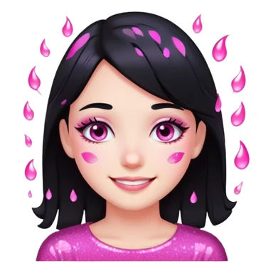 smiling girl with black hair, pink glitter tears, no heart eyes sticker