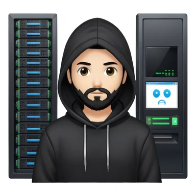 hackeur blanc cheveux noir barbe et capuche noir à côté d'un server ia sticker