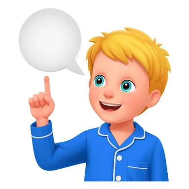 Create an emoji of the same blonde 3 year old as the first one you did. happy boy with blue-greenish eyes with blue pajamas on saying a bible verse, with one finger up (the one next to the thumb( sticker