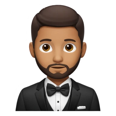 Usher with dark brown hair and short beard, black suit with bow tie sticker