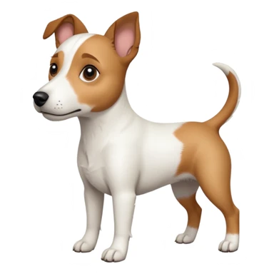a full body white jack russel looking dog the size of a kelpie with light brown ears and a light brown patch on one eye, flopped down ears and a large snout sticker