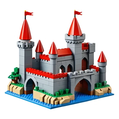 A photorealistic icon featuring a large medieval castle built from LEGO bricks, with detailed textures of the bricks, turrets, and drawbridge. The design captures the creativity and intricacy of LEGO construction with vibrant colors and realistic lighting. Transparent background sticker