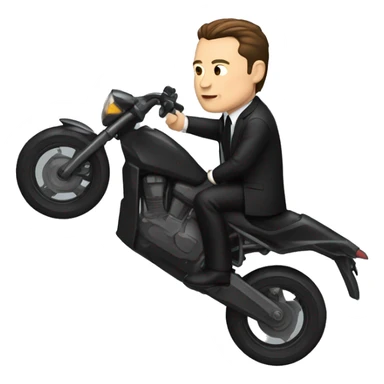 Create an iOS emoji of Elon Musk dressed in a black suit, riding a motorcycle. The character should resemble an action hero style, with a determined expression. Use a clean, minimalistic design to keep it simple and icon-like. sticker