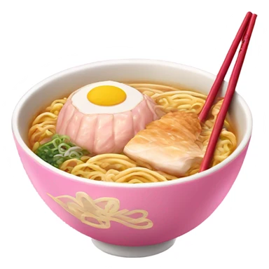 traditional ramen, pink and gold bowl, gold chopsticks and a chicken insiste sticker