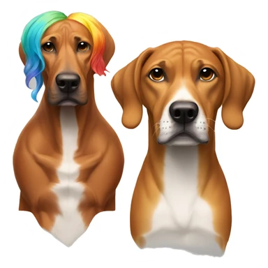 white man with long rainbow colored hair and twisted mustache next to a brown rhodesian ridgeback sticker