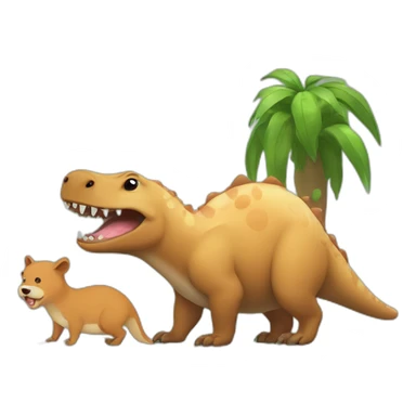 Funny dinosaur plays with capybara an dog sticker