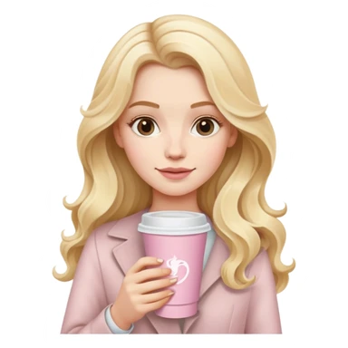 A white girl with long blonde wave hair and a pale pink paper cup of coffee sticker