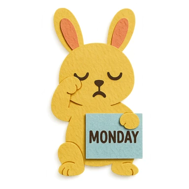 yellow bunny holding Monday memo while rubbing eyes, paper craft style, textured paper look sticker