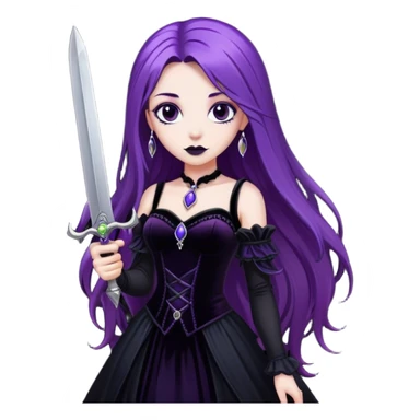 A gothic princess with long purple hair, in a black velvet dress, holding a silver dagger. sticker