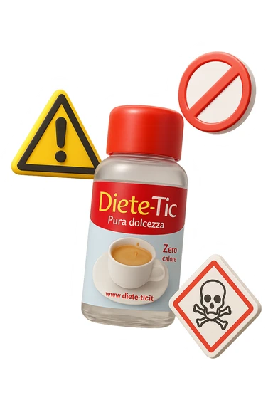 BOCCETTA DI DOLCIFICANTE LIQUIDO CON LA SCRITTA "DIETE-TIC" SULL'ETICHETTA FLUTTUA IN ARIA INSIEME A SEGNALI DI PERICOLO 3D sticker