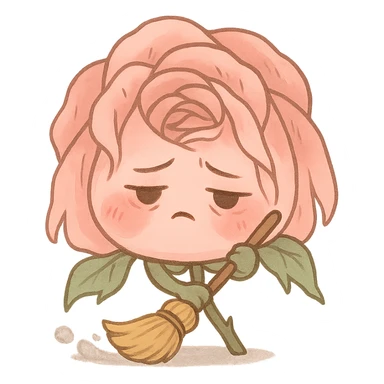 soft pink rose flower with puffed cheeks, sweeping the floor, exhausted eyes, drooping petals, pastel tones, chibi round shape sticker