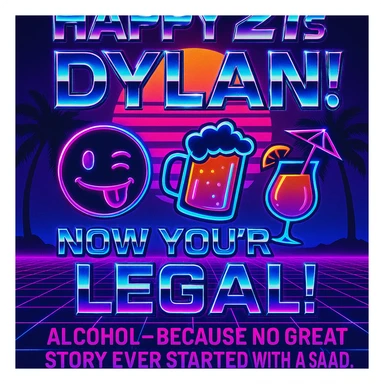 Completely change the style to vaporwave: neon colors, retro 80s grid, palm trees, synthwave sunset, chrome text, and keep the funny drink quote. Make it look digital and bold. sticker