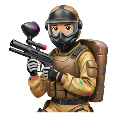A dynamic scene of a player in action, holding a paintball gun and wearing protective gear. The background shows a vibrant paintball field with obstacles, colorful splatters of paint in the air, and an intense, competitive atmosphere. sticker