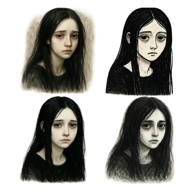 pale girl with long black hair, looking sad, emotional, portrait, variety of artistic styles sticker