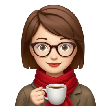 a girl with brown short hair, having red scarf, wearing glasses, drink coffee, enjoy sticker
