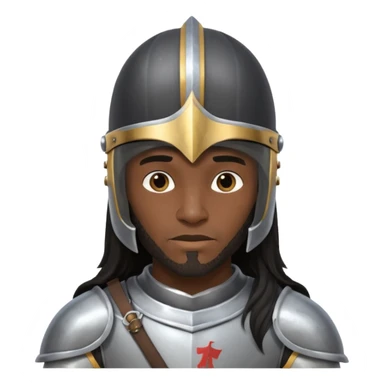 A black male with long black rough hair wearing a knight helmet sticker