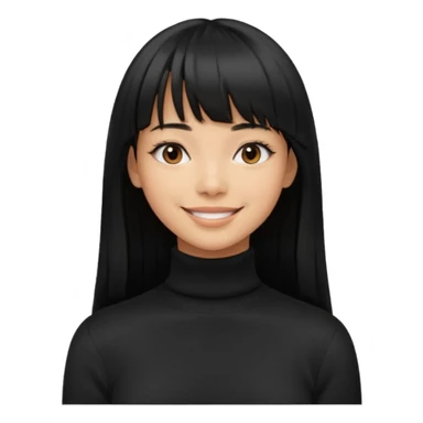 Photograph of a young woman with long, straight black hair and bangs, wearing a black turtleneck sweater. sticker