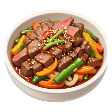 Cinematic Realistic Bulgogi Dish Emoji, featuring tender, marinated beef stir-fried with vegetables rendered with dynamic textures and mouth-watering lighting. sticker