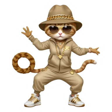 female cat in Run DMC hip-hop outfit with tracksuit, fedora, Adidas sneakers, dark sunglasses, many gold chains and bling accessories, doing a windmill break dance move sticker