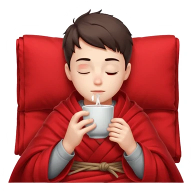 A European boy is sitting wrapped in a red blanket, drinking tea with his eyes closed. sticker