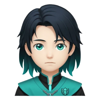 Tokito Muichiro emoji style — calm boy with long black hair fading mint green, turquoise eyes, pale skin, dreamy face, wearing dark Demon Slayer uniform, black + teal tone, anime cute clean style. sticker
