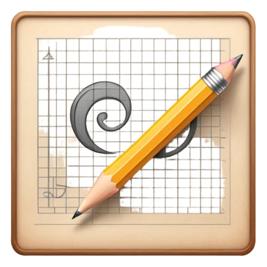 A pencil is placed over a sheet of paper grid, representing the sketching phase of a logo sticker