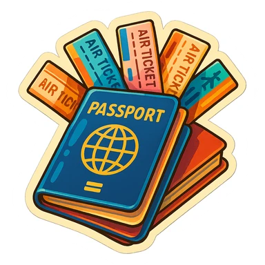 retro sticker-style image of a stack of passports with several airline tickets sticking out at different angles, bold outlines, juicy colors, expressive shadows and highlights sticker