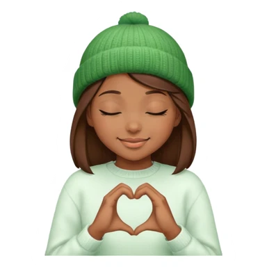 brown hair girl closed eyes stylish in a green beanie hat in white sweater smiling making heart from her hands  sticker