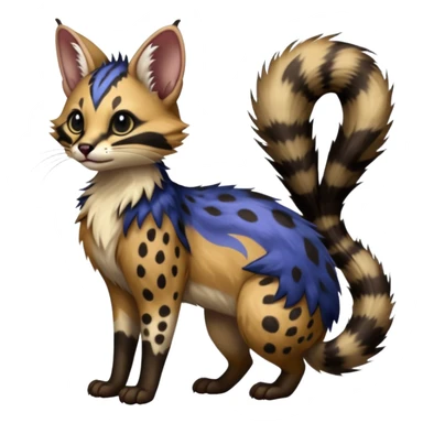  ink-black fur laced with oil-slick bronze and abyssal cobalt runes fur with random dark markings beautiful elegant pretty precious cute  Fakémon-Pokémon-opossum-feline-serval-caracal-chinchilla-Furret-Minccino-hybrid-creature with a big fluffy bushy tail (full body) sticker