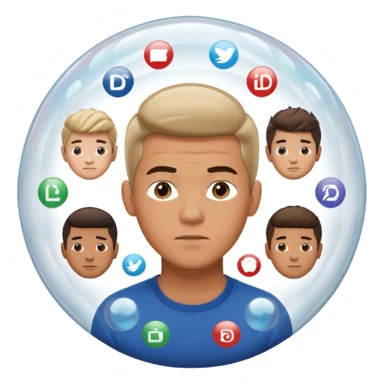 Emoji-style casually dressed man inside a clear bubble surrounded by repeating identical content icons. He can only see one direction, with other viewpoints outside the bubble blurred or muted. Clean-shaven, neutral background, soft lighting sticker