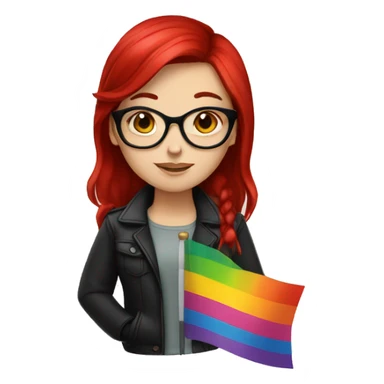 a white girl with black and red hair, glasses and a lesbian flag sticker